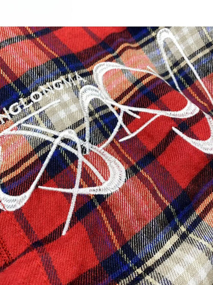 レター ノースリーブ パターン レッド シャツ チェック柄 刺繍 Y2K