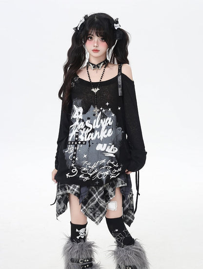 Gray/Black Asymmetrical Neckline Graffiti Print Star Light Buckles Coverup