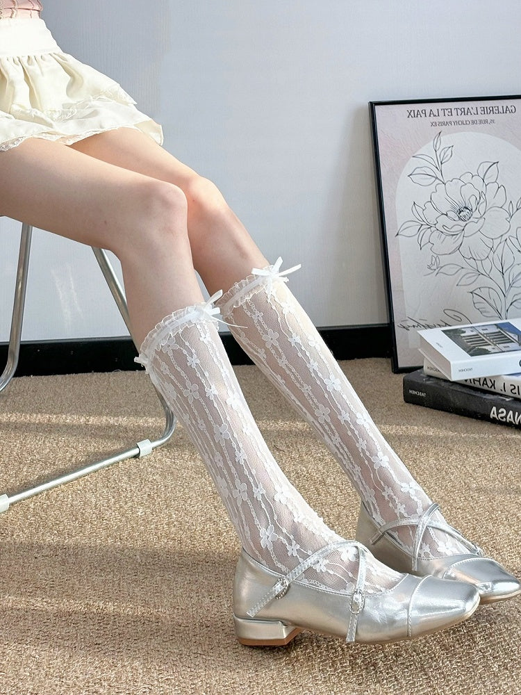 Sheer Lace Trim Calf Socks with Floral Pattern - Milk flavored Lolita