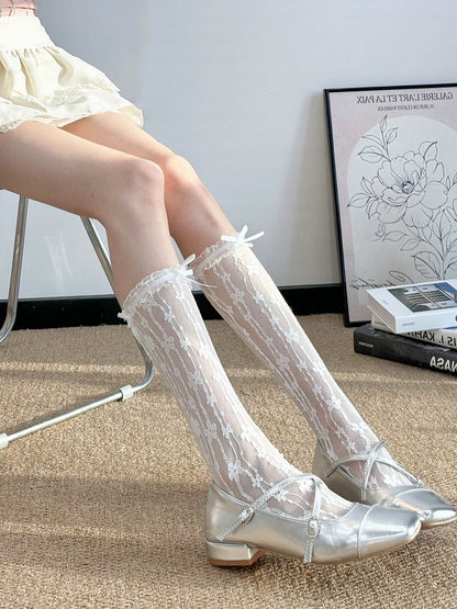 Sheer Lace Trim Calf Socks with Floral Pattern - Milk flavored Lolita
