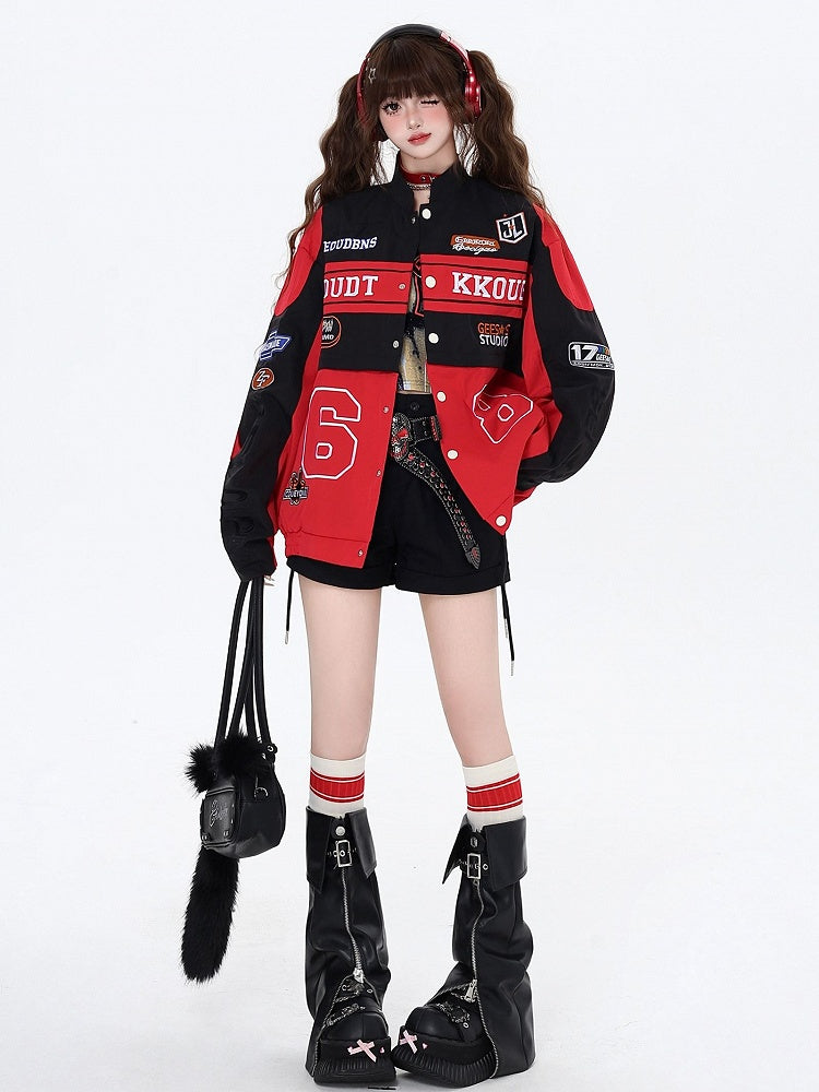 with Jacket Black Embroidery Fleece and Two-Way Baseball Letters Colorblock Detachable Red
