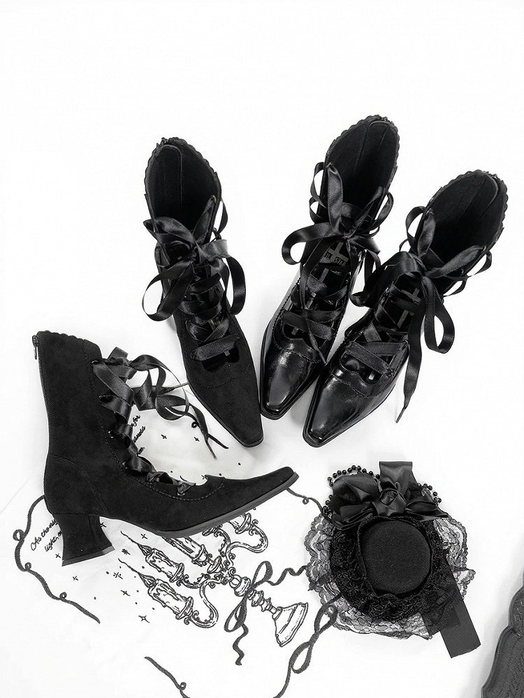 Polished Gothic Pointed-Toe Boots, Lace-Up & Back Zip, Black - EvilStar