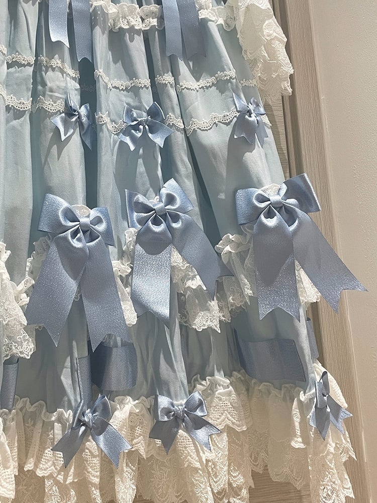Trims Blue Bell with Lolita and Sleeves White Bow Lace Dress Hime Decorations