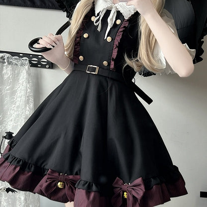 White Short Sleeves Blouse Dark Red&Black Bowknot Bell Striped Dress Set