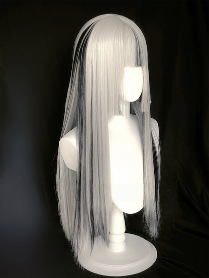 Straight Full Bangs Hime Silver 80CM Black Cut with Wig Highlight