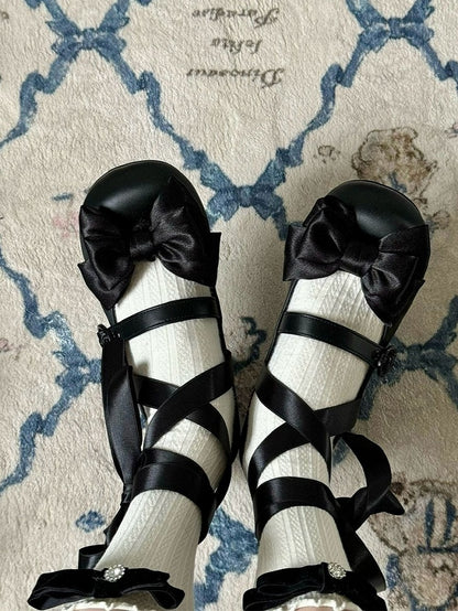 Black Ballet Style Bowknot Lace-up Straps Lolita Shoes - Round Toe & 4.5cm Heel - MODO