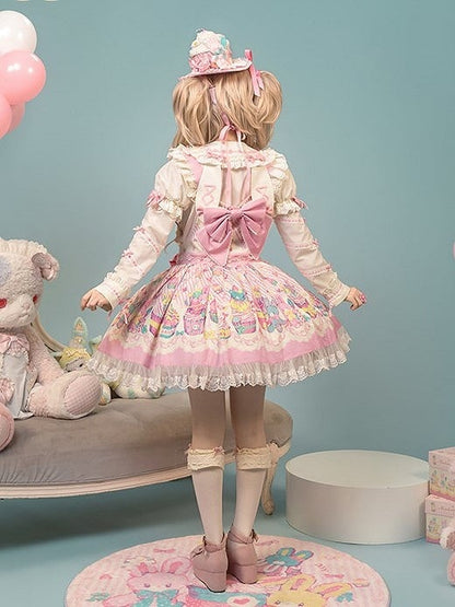 and Pink Sweet Lolita Bunny Print Dress Overall White Cupcake