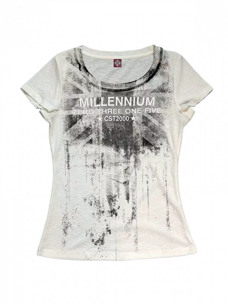 Distressed White Crew Neck Short Tee with Letter Print - DETW OnLine