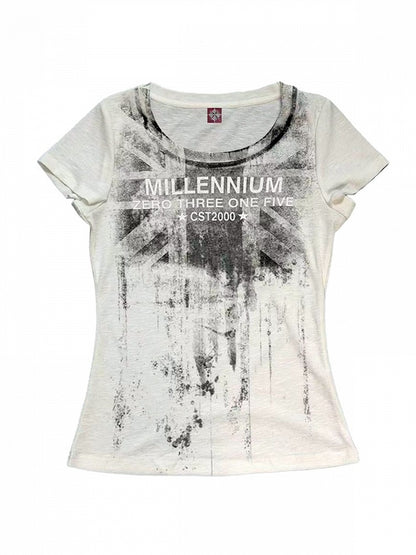 Distressed White Crew Neck Short Tee with Letter Print - DETW OnLine