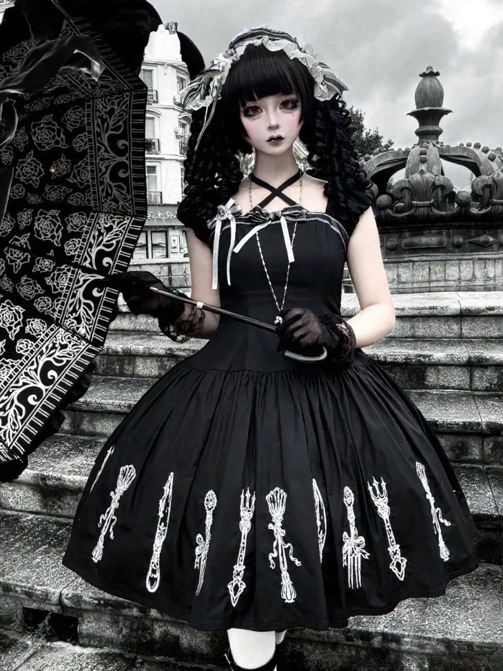 Cutlery Embroidered Short Sleeve Gothic OP Dress in Black with Halter Neckline - Vivian's Diary