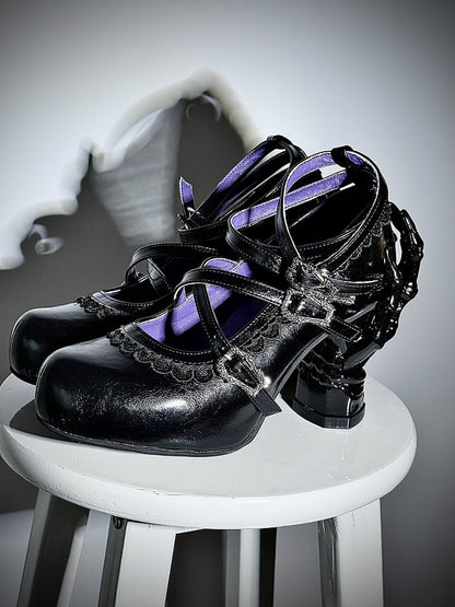 Glossy Black Gothic Lolita 7cm Bone Heels with Cross Straps & Lace Detailing - sphenoid