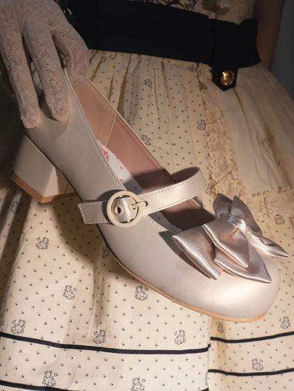 Round Ankle at Lace-up Heels Sweet Beige Toe Low Bow - Top