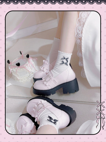 Shoes Jirai 6.5cm Pink Chunky Detail Kei with Loafers Beaded Heel Sweetheart Platform