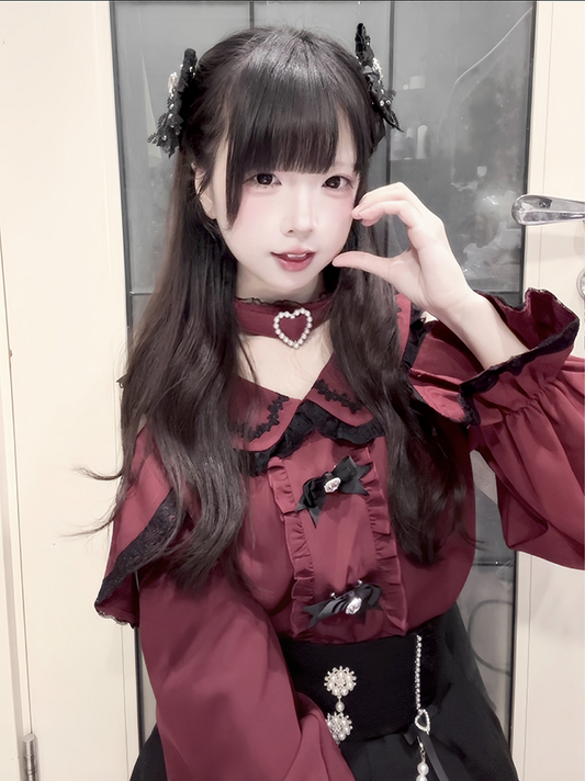 Jirai Kei Peter Pan Collar Cutout Shoulder Contrast Detachable Choker Trim Blouse Black with Wine Red Design Lace