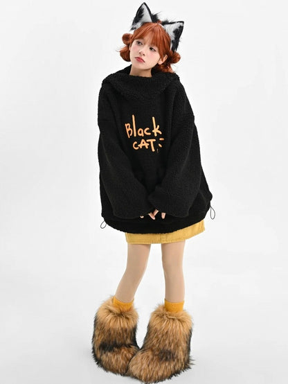 Black Cat Head Hood Fleece Hoodie