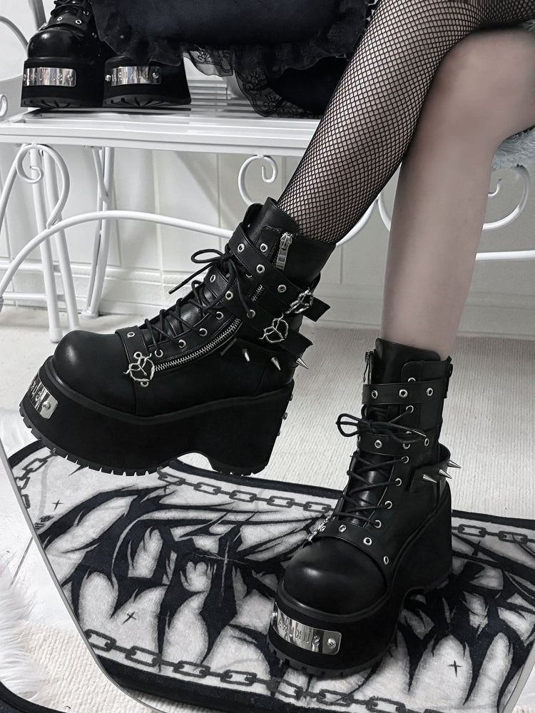 Polished Black/Matte Black Punk Stud Buckle Strap Gothic Platform Boots