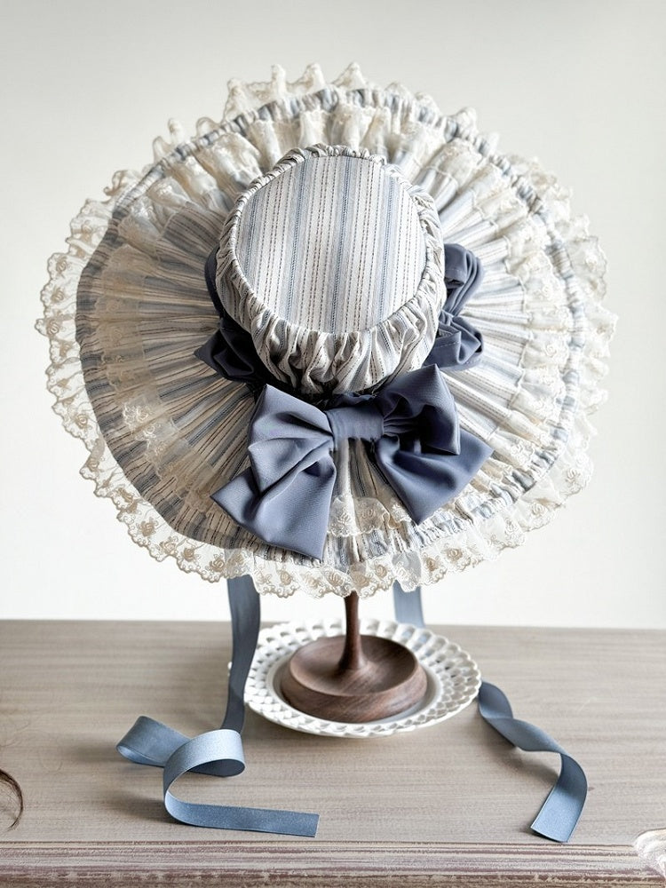 Bow Blue/Green/Pink Sweet and Ruffles Lolita Striped Accent with Hat Lace