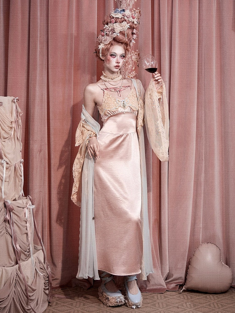 Rococo Pink Lace Satin Slip Dress with Padded Cups - Blood Supply