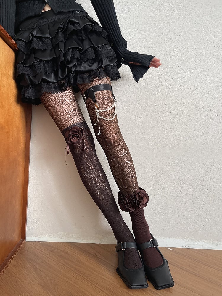 Knee Over Bow Lace Camellia Brown Decoration Stockings with
