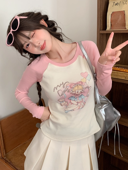 トップスとピンクのスリムフィット漫画ガールプリントアプリコットカラーブロックデザイン