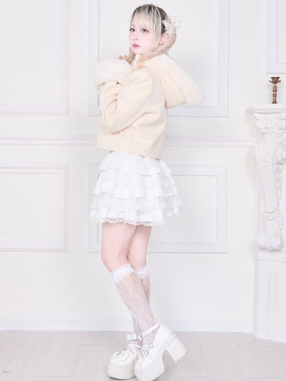 Bow Coat Plush Kei Short Jirai Apricot Trim with Hooded Pockets and