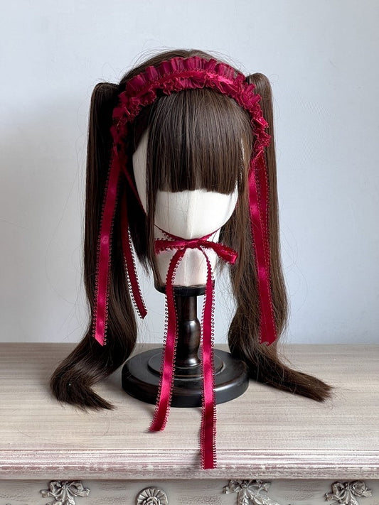 Fashion Hairband Lolita Ruffled with Red/White/Black/Dark Ribbons Blue