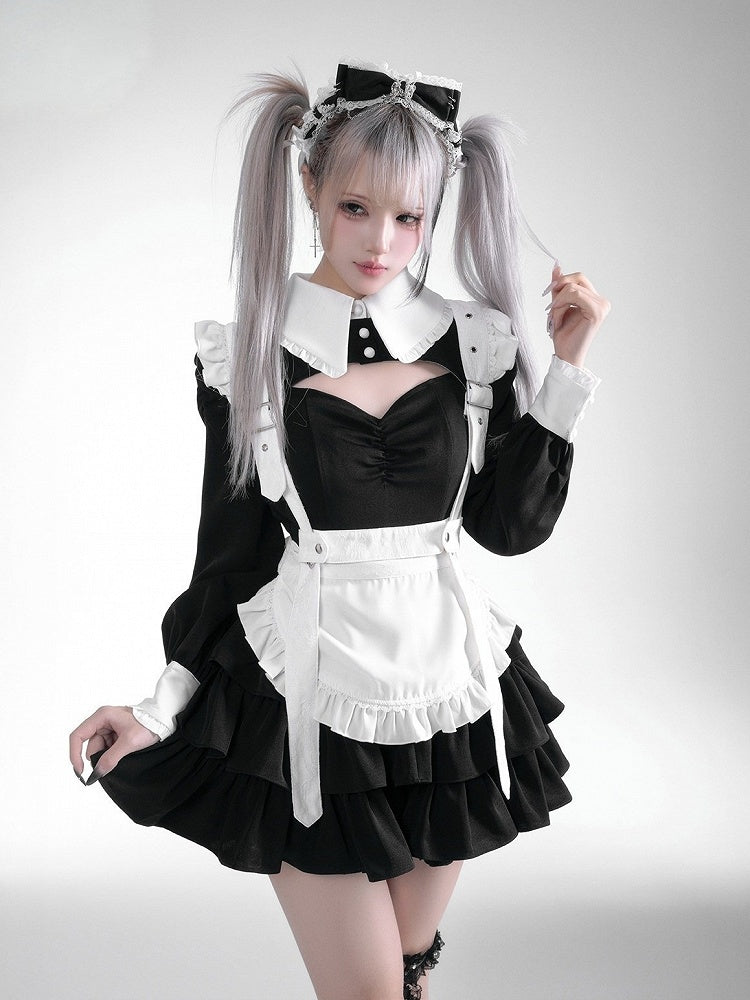 Black White Jirai Kei Collared Tiered Ruffle Dress Shorts Set - Fluffy Heart