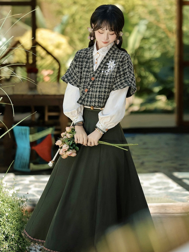 Floral Embroidered Plaid Top in Dark Green with White Blouse and Skirt Ensemble - Han Ru Chu Hanfu & Han-Element Studi