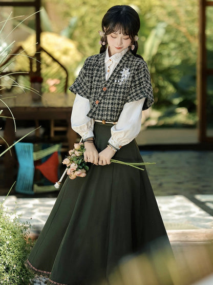 Floral Embroidered Plaid Top in Dark Green with White Blouse and Skirt Ensemble - Han Ru Chu Hanfu & Han-Element Studi