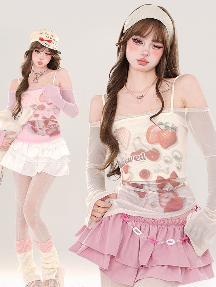 Rosa/Aprikose – Halbtransparentes, schulterfreies Top mit Erdbeer-Print und Camisole-Set