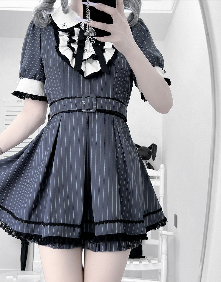 Set Collar Dark Peter Blue Top Pan Kei Stripes Maid Shorts Jirai with