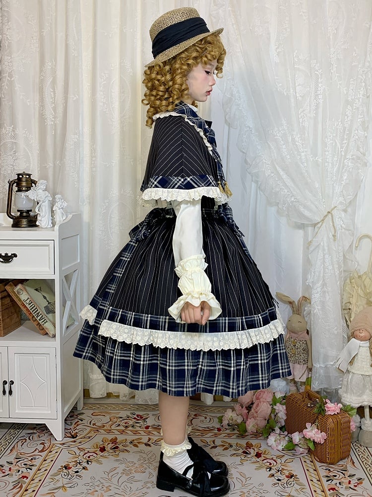 Blue Plaid and Black Striped Pattern Lolita JSK + Cape