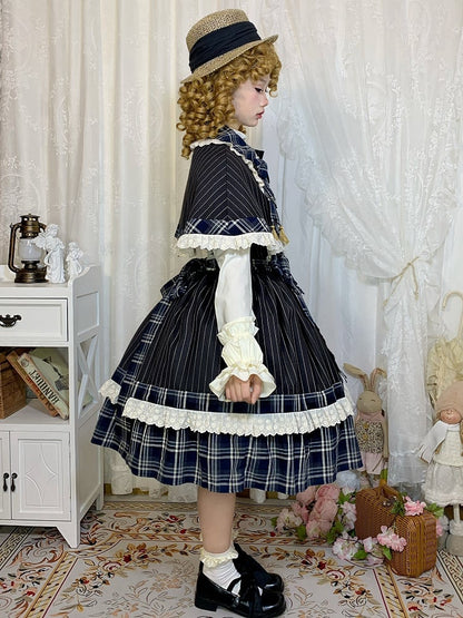 Blue Plaid and Black Striped Pattern Lolita JSK + Cape