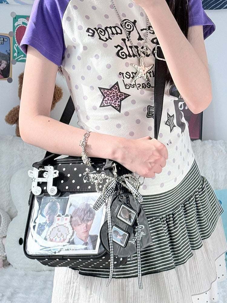Kawaii Black Polka Dot Crossbody Bag Heart Window Design - DRDR
