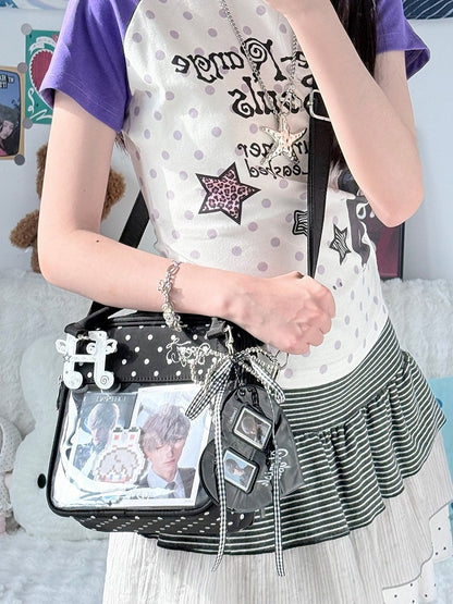 Kawaii Black Polka Dot Crossbody Bag Heart Window Design - DRDR