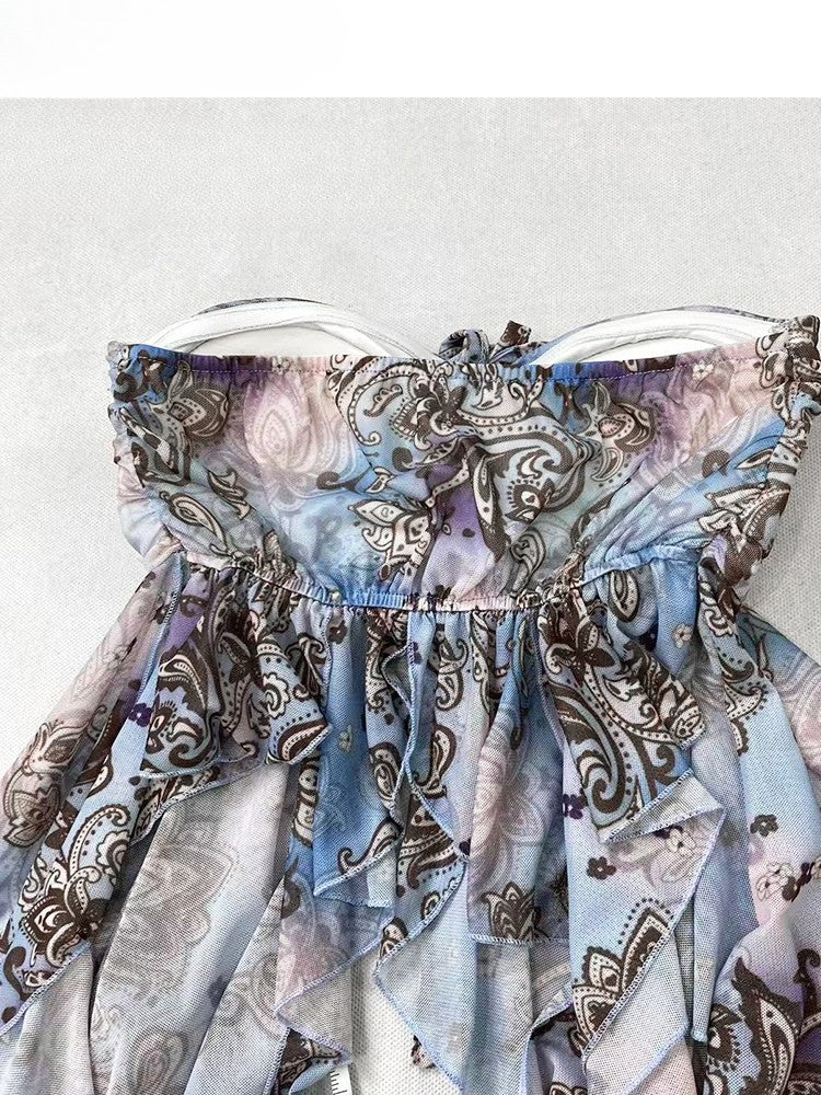 ブルーホリデーフリルプリントトップチューブアクセントデザインカスケーディング