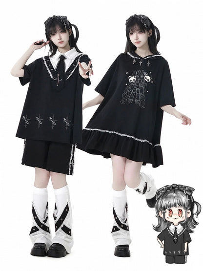 Black Cross Charms Contrast Girl Trim Dress Print Hooded Bittersweet Lace