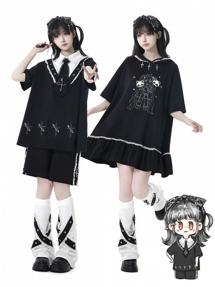 Girl Print Cross Dress Bittersweet Lace Contrast Hooded Trim Black Charms