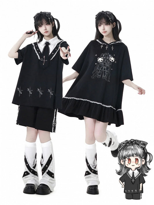 Girl Print Cross Dress Bittersweet Lace Contrast Hooded Trim Black Charms
