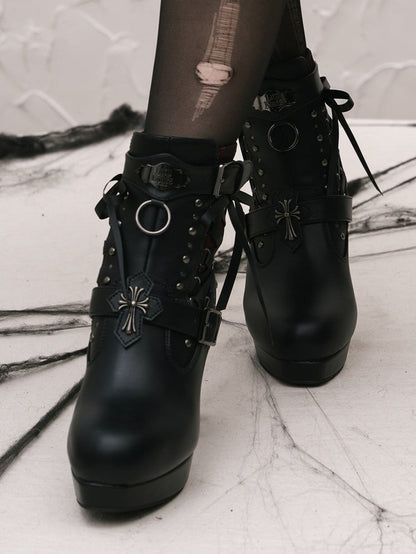 Gothic Lacing Crisscross Studded System PU Dual Black Fastening Boots Details - with High-heel Ankle