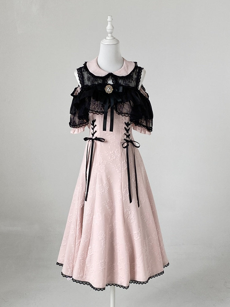 Off-Shoulder Jacquard Dress with Bow Accents, Peter Pan Collar, 4 Colorways - Kitty Bxllet