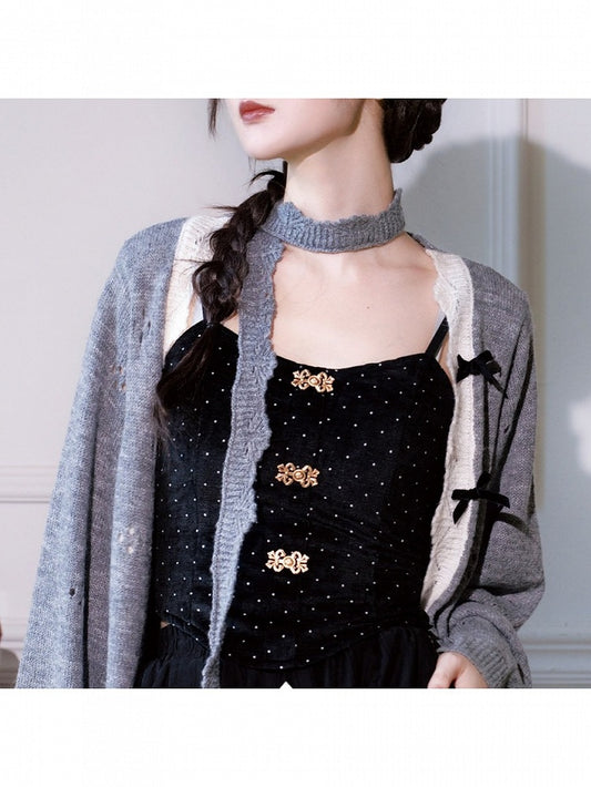 Black Chinese Top with Polka Dot & Gold-tone Buttons - Luo Xiu Dong Xiang