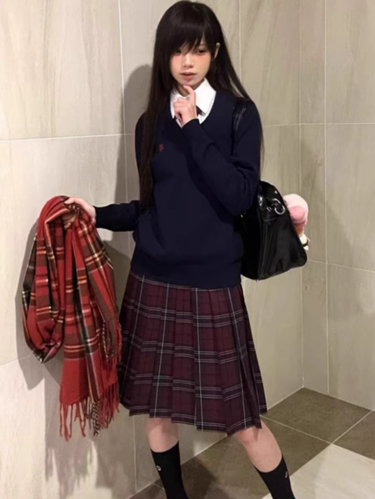 Pattern Skirt 55CM Pleated Red Uniform JK Plaid