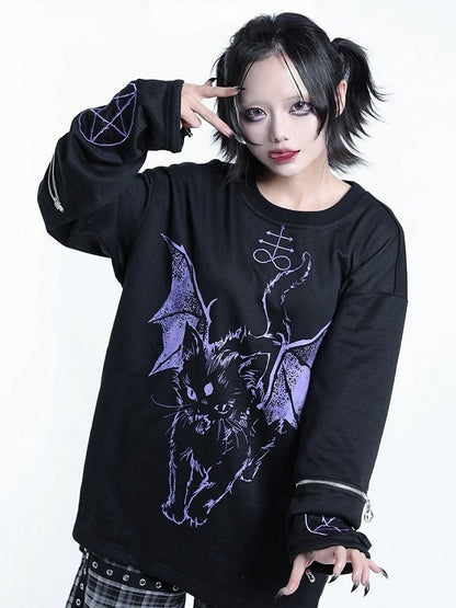 Dark Kawaii Purple & Black Hell Cat Graphic Embroidered Zip Sweatshirt - Tribuo Flos