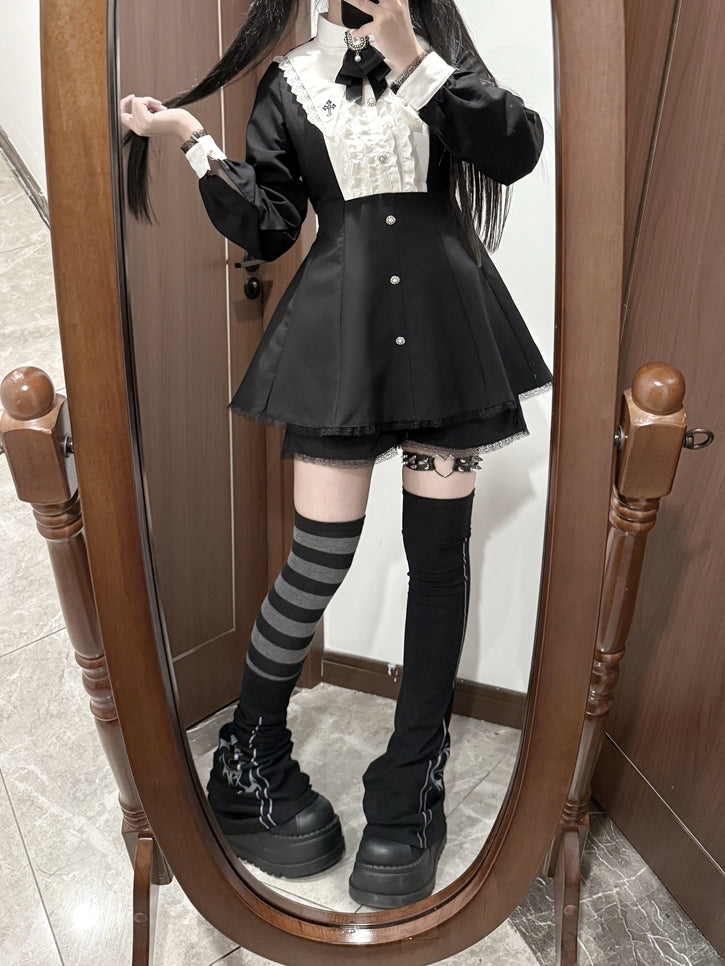 Bow Shorts Set - Cross Embroidered Pointed Flat Collar Dress + Three-piece Jirai Kei Black + Tie