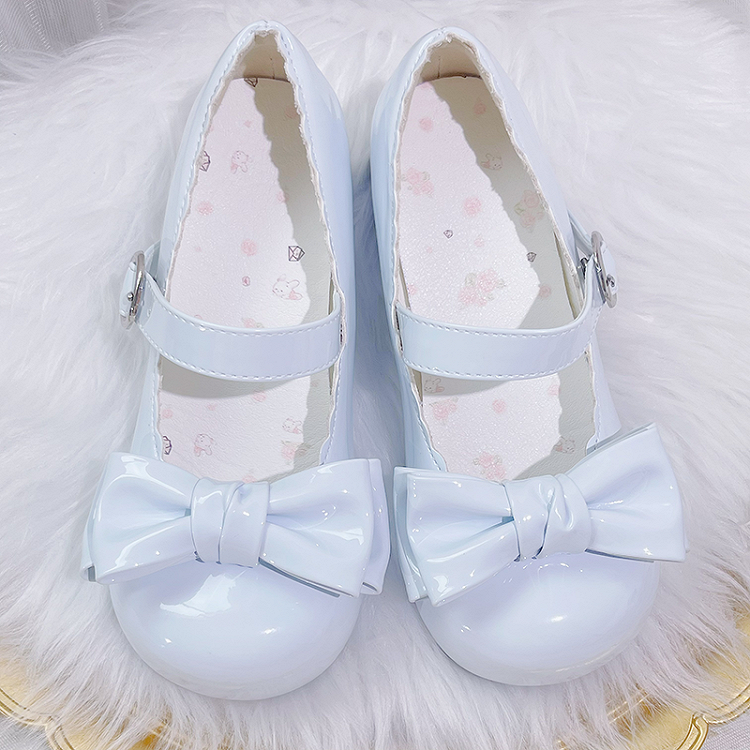 Sweet Lolita Mary Janes à bout rond et talon carré et nœud papillon bleu