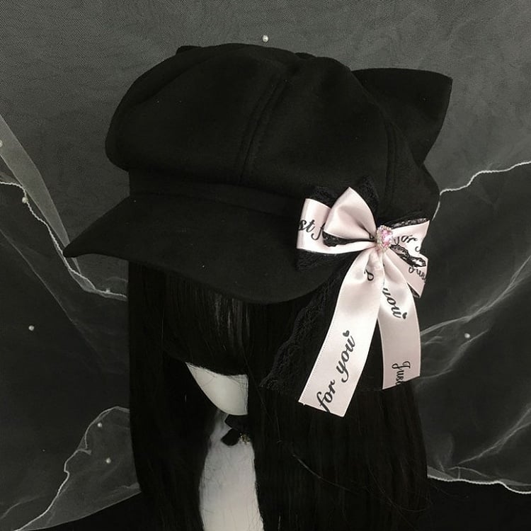 Béret chat Nœud détachable Dentelle Noir/Rose Noir avec oreille