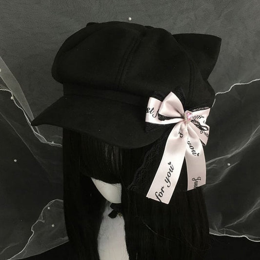 Béret chat Nœud détachable Dentelle Noir/Rose Noir avec oreille