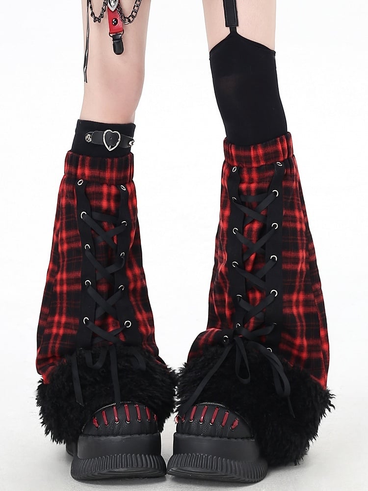 Red Lace-up Plaid with Design Gothic Bottom Leg Warmers Black Fuzzy Cuff