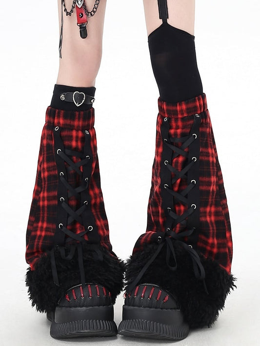 Red Lace-up Plaid with Design Gothic Bottom Leg Warmers Black Fuzzy Cuff